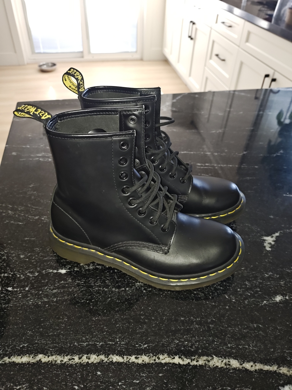Dr. Martens Black Leather Lace-Up Boots with Yellow Stitching